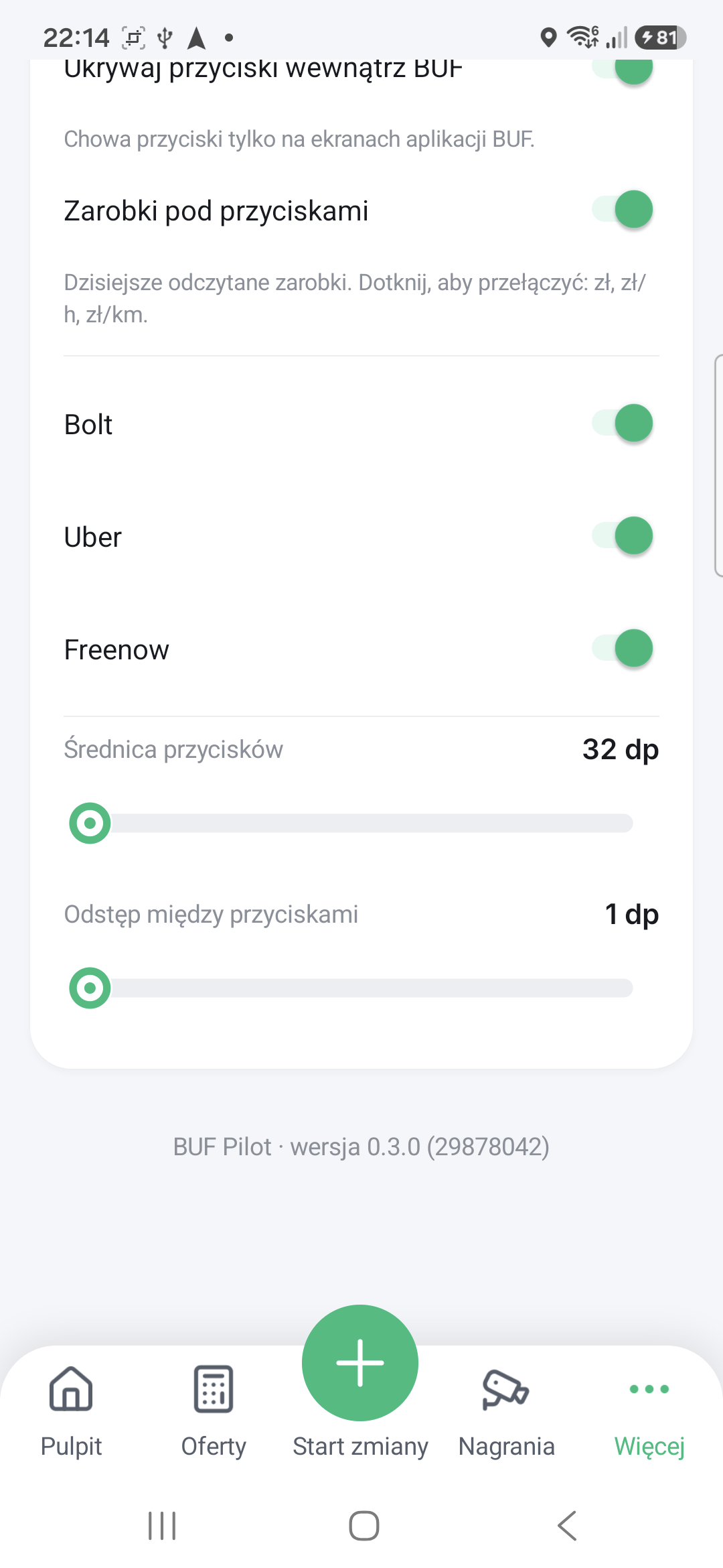 Przyciski BUF i Online / Offline — ekran aplikacji BUF Pilot